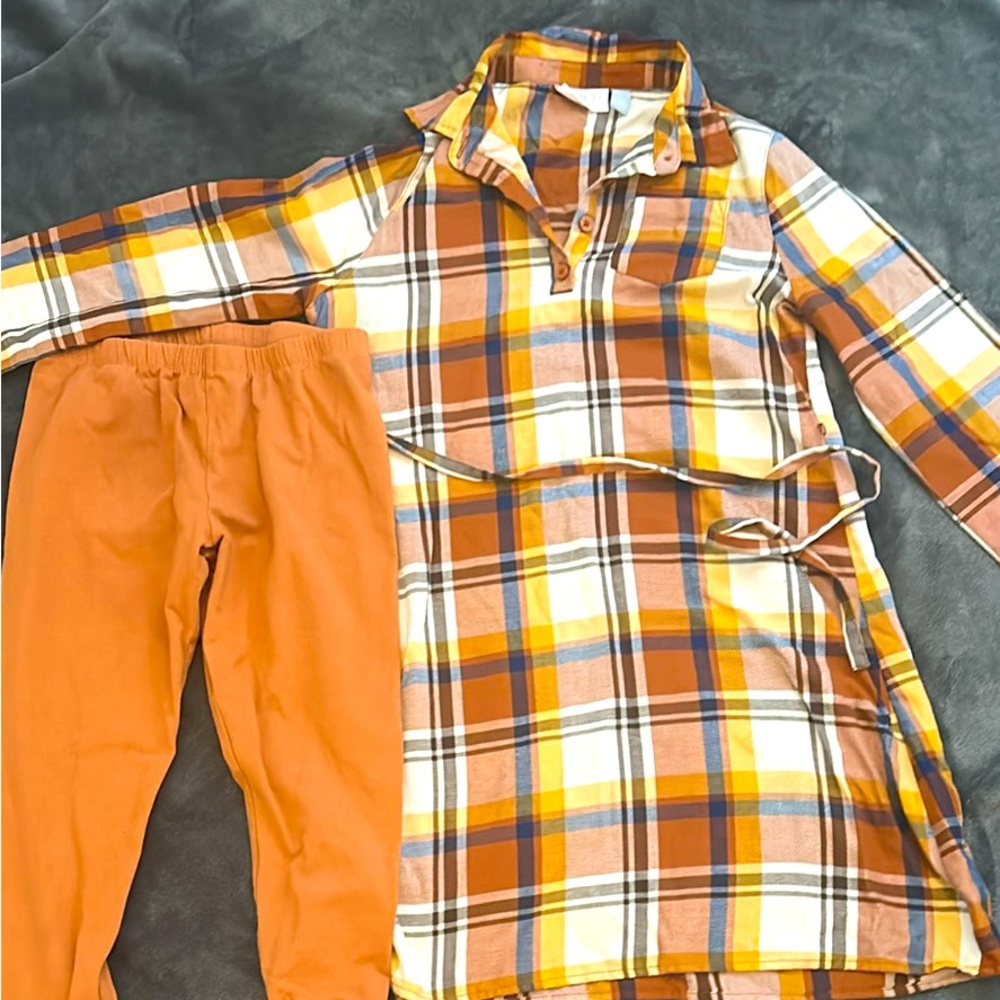 Plaid Kids Pajama Set - Orange and Brown